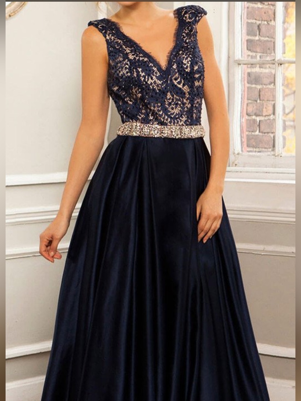 Jovani Navy Lace Backless Evening Gown with Beaded Waist